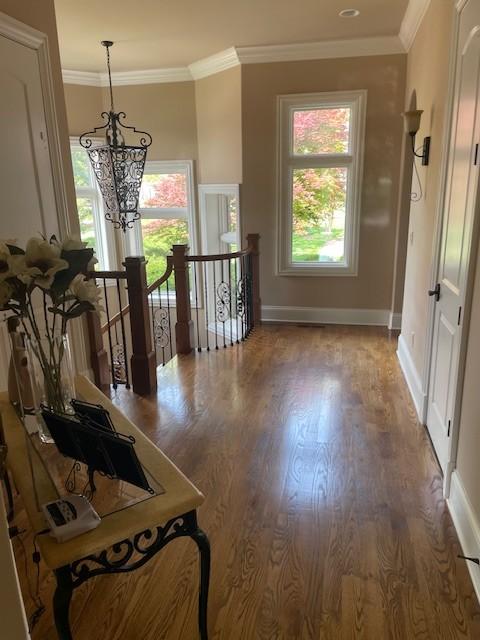 889 Plantation Blvd, Gallatin, TN 37066 - hall with an upstairs landing, plenty of natural light, wood finished floors, and an inviting chandelier