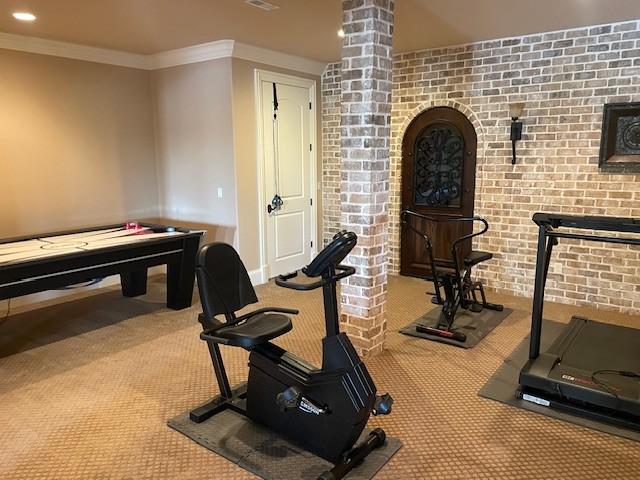 889 Plantation Blvd, Gallatin, TN 37066 - workout area with baseboards, ornamental molding, ornate columns, and carpet