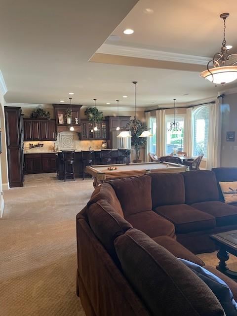 889 Plantation Blvd, Gallatin, TN 37066 - living area featuring recessed lighting, a raised ceiling, crown molding, and light carpet