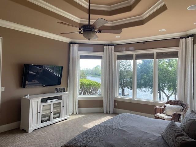 889 Plantation Blvd, Gallatin, TN 37066 - bedroom with a ceiling fan, a raised ceiling, baseboards, ornamental molding, and carpet flooring