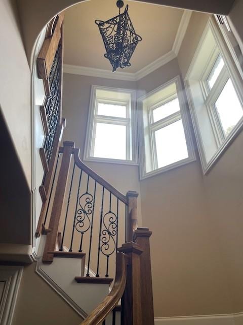 889 Plantation Blvd, Gallatin, TN 37066 - stairway with a notable chandelier, a high ceiling, and crown molding