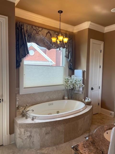 889 Plantation Blvd, Gallatin, TN 37066 - full bathroom with a tub with jets, baseboards, a notable chandelier, and crown molding