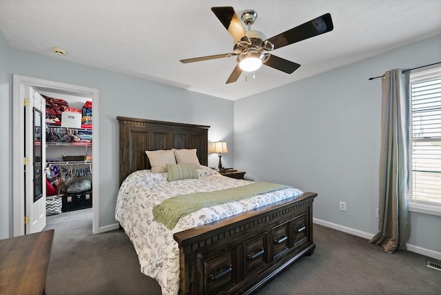 bedroom with a spacious closet, baseboards, dark colored carpet, and multiple windows