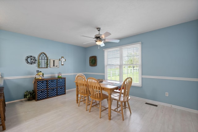 dining room with baseboards, a ceiling fan, visible vents, and light wood-type flooring