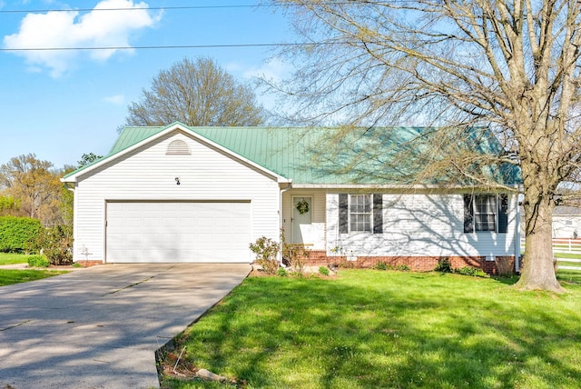 single story home with concrete driveway, a front lawn, and a garage