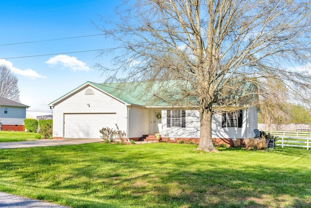 single story home with driveway, fence, an attached garage, crawl space, and a front yard