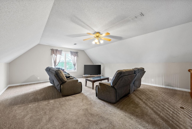 2413 Tana Way, Clarksville, TN 37042 - carpeted living area with a textured ceiling, vaulted ceiling, baseboards, visible vents, and a ceiling fan