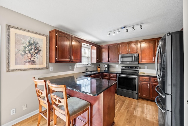 2413 Tana Way, Clarksville, TN 37042 - kitchen featuring a sink, a breakfast bar, stainless steel appliances, light wood finished floors, and a peninsula