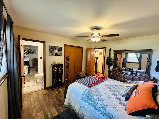 946 Monument Rd, Summertown, TN 38483 - bedroom featuring ensuite bath, dark wood-type flooring, and ceiling fan