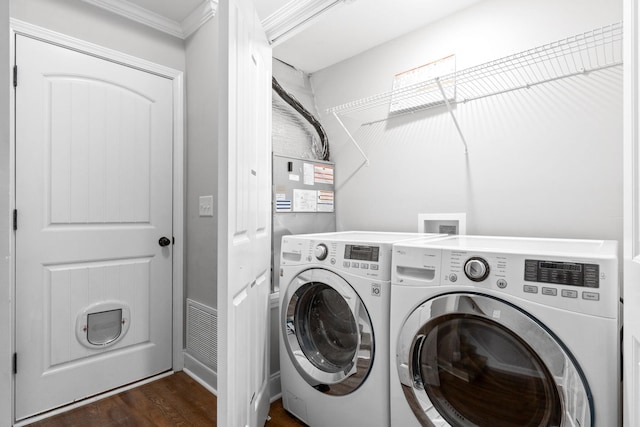 159 Matheson Dr, Clarksville, TN 37043 - laundry area featuring laundry area, crown molding, washer and dryer, and dark wood-style floors