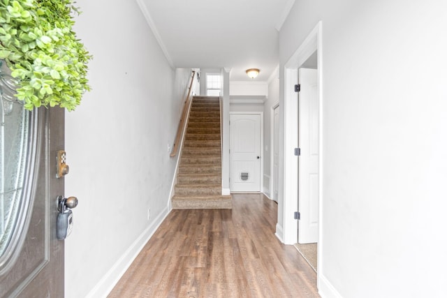 159 Matheson Dr, Clarksville, TN 37043 - hall featuring baseboards, wood finished floors, stairway, and ornamental molding