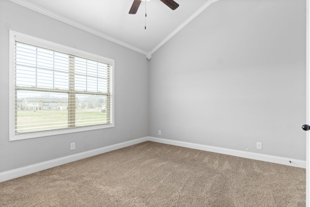 159 Matheson Dr, Clarksville, TN 37043 - empty room featuring carpet, vaulted ceiling, ornamental molding, baseboards, and ceiling fan