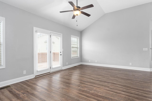 159 Matheson Dr, Clarksville, TN 37043 - spare room featuring lofted ceiling, visible vents, dark wood-type flooring, baseboards, and ceiling fan