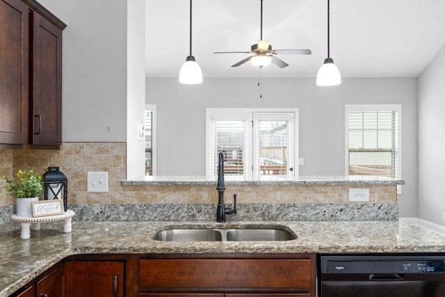 159 Matheson Dr, Clarksville, TN 37043 - kitchen featuring a sink, light stone countertops, black dishwasher, tasteful backsplash, and ceiling fan