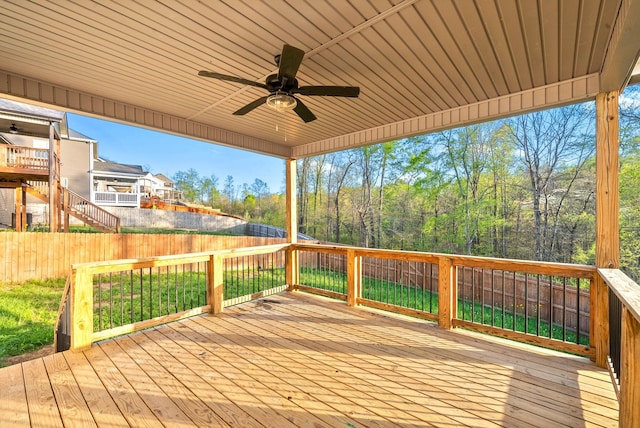 deck with fence and ceiling fan