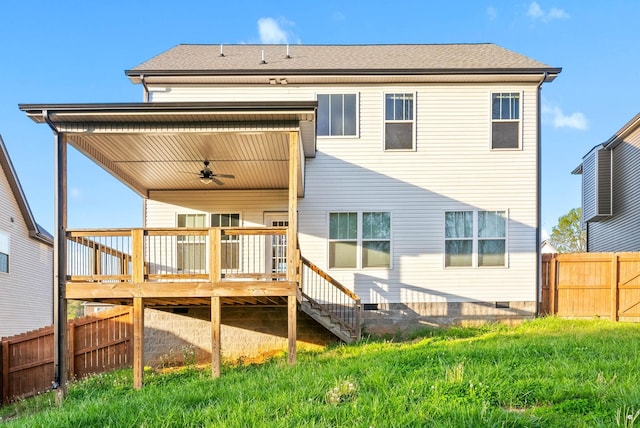 back of property with roof with shingles, fence, ceiling fan, a deck, and crawl space