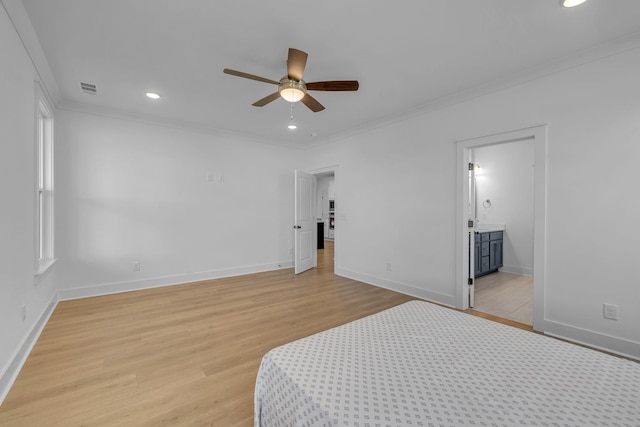 698 Conifer Dr, Spring Hill, TN 37174 - unfurnished bedroom featuring ornamental molding, light wood finished floors, baseboards, recessed lighting, and ensuite bathroom