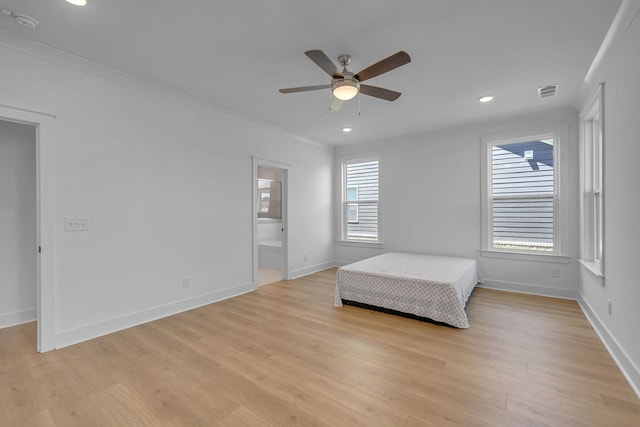 698 Conifer Dr, Spring Hill, TN 37174 - bedroom with crown molding, baseboards, light wood finished floors, recessed lighting, and a ceiling fan
