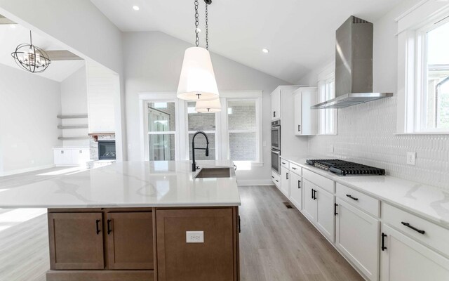 7295 NW Hwy, Fairview, TN 37062 - kitchen featuring wall chimney range hood, a sink, stainless steel appliances, decorative backsplash, and lofted ceiling