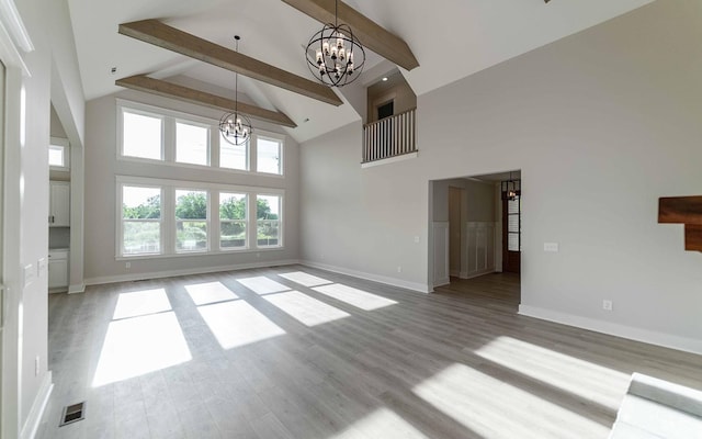 7295 NW Hwy, Fairview, TN 37062 - unfurnished living room with a chandelier, high vaulted ceiling, beamed ceiling, baseboards, and wood finished floors