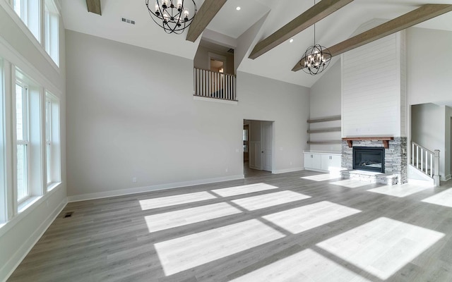 7295 NW Hwy, Fairview, TN 37062 - unfurnished living room featuring a chandelier, high vaulted ceiling, beamed ceiling, baseboards, and a fireplace