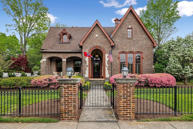 tudor home featuring brick siding, a fenced front yard, roof with shingles, and a gate