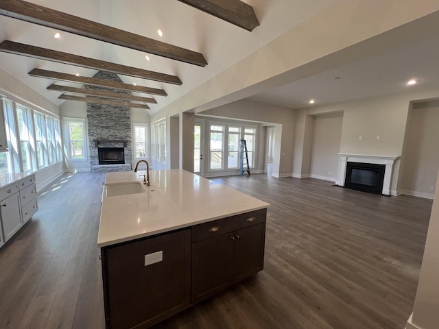 kitchen featuring dark wood finished floors, open floor plan, a stone fireplace, and a sink