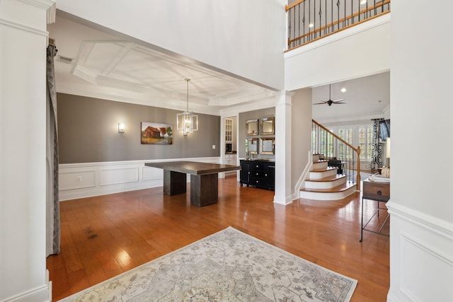 107 Jasmine Ct, Gallatin, TN 37066 - game room with hardwood / wood-style flooring, crown molding, coffered ceiling, decorative columns, and a chandelier