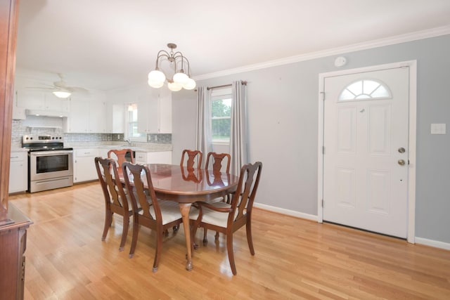 107 Hillis St, Mcminnville, TN 37110 - dining space with ceiling fan, baseboards, crown molding, and light wood-type flooring