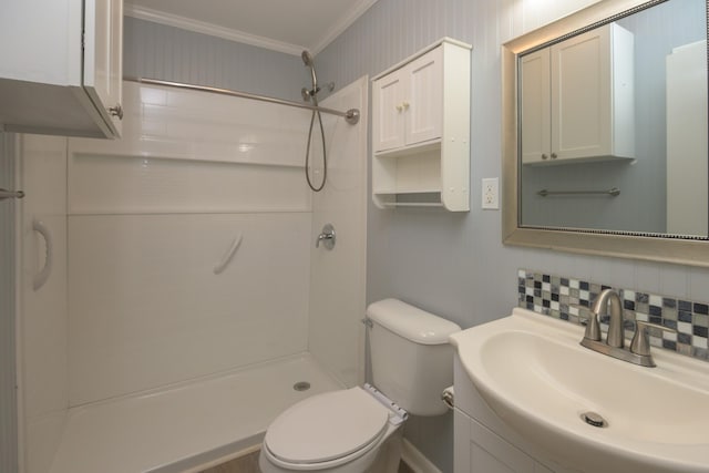 107 Hillis St, Mcminnville, TN 37110 - full bathroom featuring tasteful backsplash, ornamental molding, walk in shower, and toilet