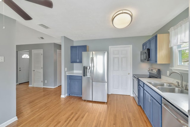 kitchen with visible vents, appliances with stainless steel finishes, blue cabinets, and a sink