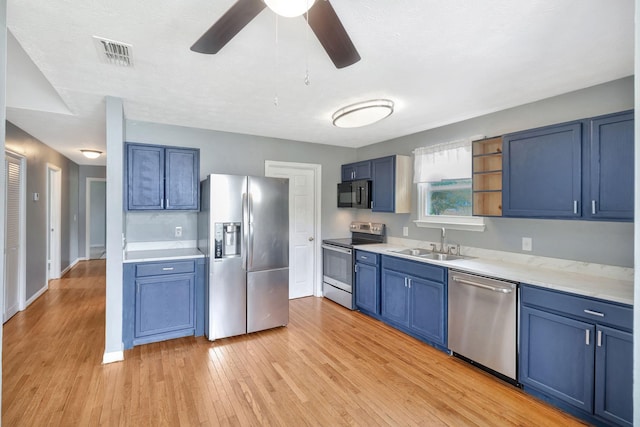 kitchen featuring a sink, stainless steel appliances, light wood finished floors, blue cabinetry, and visible vents