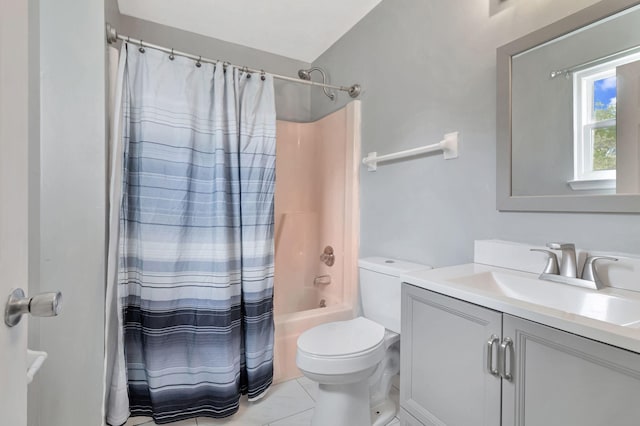 bathroom with shower / tub combo, tile patterned floors, vanity, and toilet