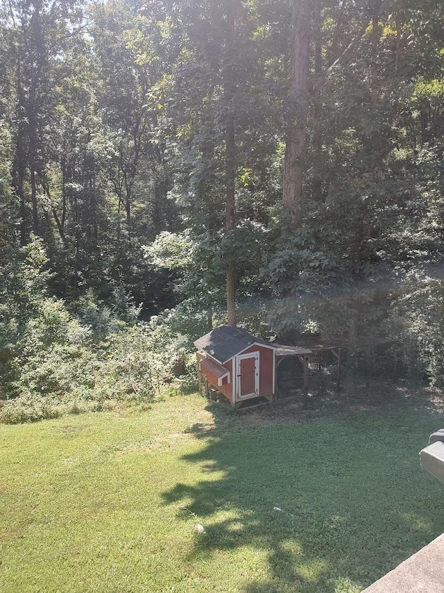 view of yard with a storage shed, a forest view, and an outbuilding