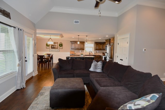 146 Neecee Dr, Smyrna, TN 37167 - living area featuring dark wood-style flooring, visible vents, a healthy amount of sunlight, and crown molding