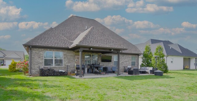 146 Neecee Dr, Smyrna, TN 37167 - rear view of house featuring an outdoor hangout area, a lawn, a patio area, and roof with shingles