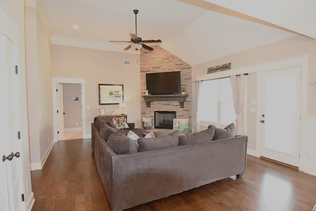 146 Neecee Dr, Smyrna, TN 37167 - living area with a fireplace, a ceiling fan, visible vents, baseboards, and dark wood finished floors