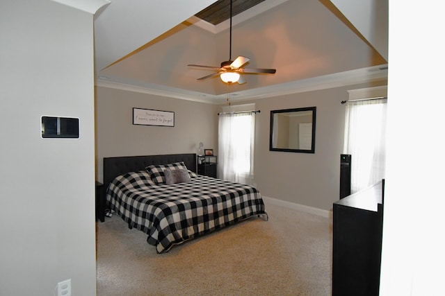 146 Neecee Dr, Smyrna, TN 37167 - carpeted bedroom with crown molding, ceiling fan, baseboards, and a tray ceiling
