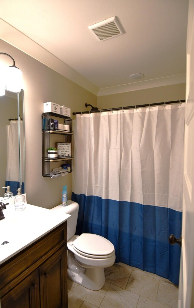 146 Neecee Dr, Smyrna, TN 37167 - bathroom with tile patterned floors, toilet, vanity, visible vents, and crown molding