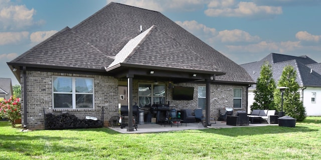 146 Neecee Dr, Smyrna, TN 37167 - back of property featuring a lawn, outdoor lounge area, a patio, and roof with shingles