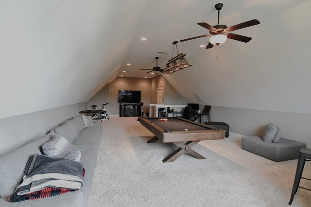 146 Neecee Dr, Smyrna, TN 37167 - game room with recessed lighting, carpet, billiards, a ceiling fan, and lofted ceiling
