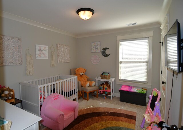 146 Neecee Dr, Smyrna, TN 37167 - bedroom featuring visible vents, a crib, ornamental molding, and carpet flooring