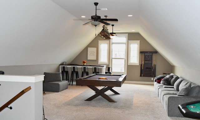 146 Neecee Dr, Smyrna, TN 37167 - recreation room featuring recessed lighting, lofted ceiling, ceiling fan, and carpet floors