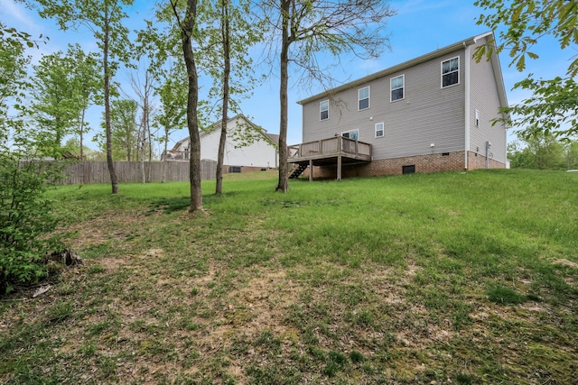 rear view of house featuring a wooden deck, a lawn, crawl space, and fence