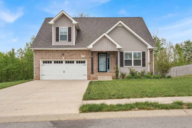 craftsman inspired home featuring a front lawn, driveway, fence, brick siding, and roof with shingles