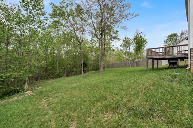 view of yard featuring fence and a deck