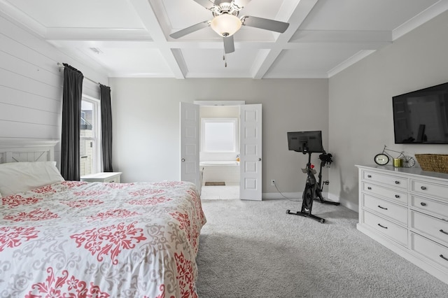 1239 Proprietors Pl, Murfreesboro, TN 37128 - bedroom featuring ceiling fan, light carpet, coffered ceiling, beamed ceiling, and baseboards