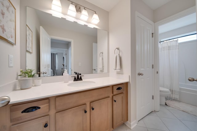 full bathroom featuring toilet, vanity, shower / bathtub combination with curtain, and tile patterned floors