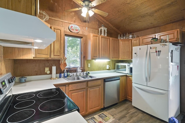 kitchen featuring a sink, vaulted ceiling, wood finished floors, under cabinet range hood, and appliances with stainless steel finishes