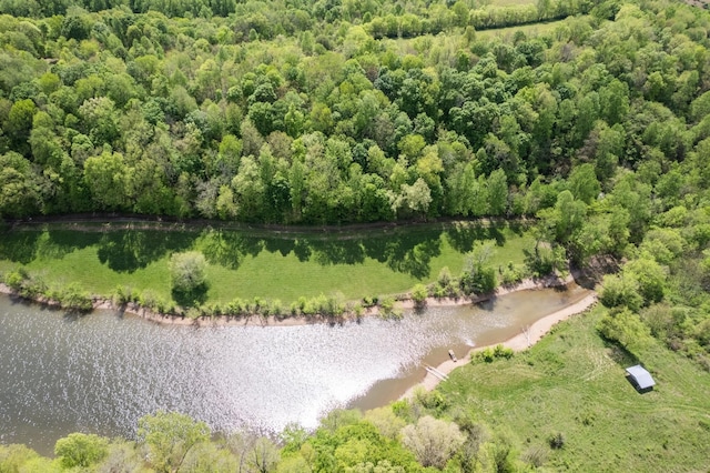 drone / aerial view featuring a forest view and a water view